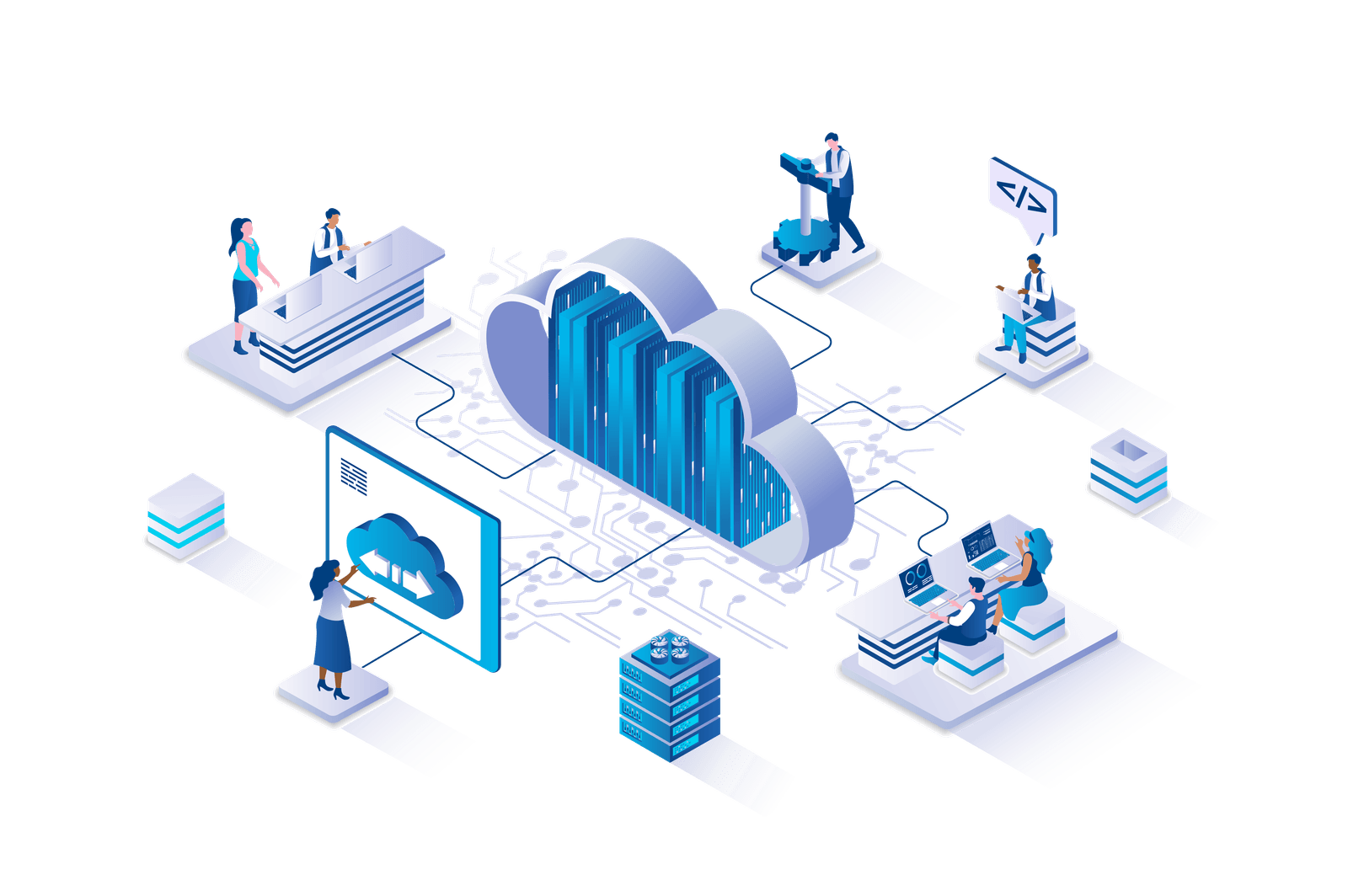 Source systems and databases connected to a central cloud data warehouse